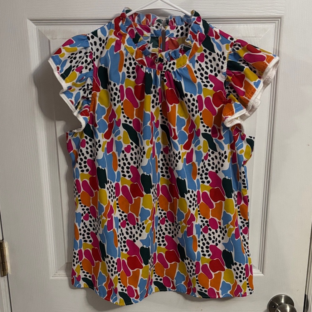 Vibrant Multicolor Ruffle Neck Flutter Sleeve Top